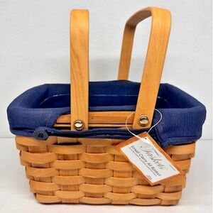 VTG NWT Taskets Renaissance Small Carry All Wood Basket Blue Fabric